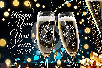 A festive New Year banner adorned with clinking glasses of wine to celebrate the occasion Stock Photo