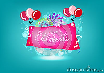 Celebration, fireworks explosion, creative banner poster design, Ribbons, balloons and confetii abstract background vector Vector Illustration