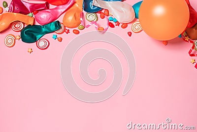 Celebration Flat lay. Candy with colorful party items on pink ba Stock Photo