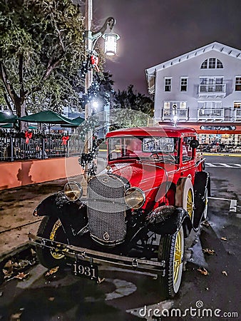 CELEBRATION, FLORIDA, USA - DECEMBER, 2018: Beautiful Vintage red old car on the streets Editorial Stock Photo