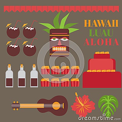 Celebration on hawaii island, Luau party elements. Exotic vacation, summer weekend, hawaiian flowers, tiki mask, ukulele guitar, Stock Photo