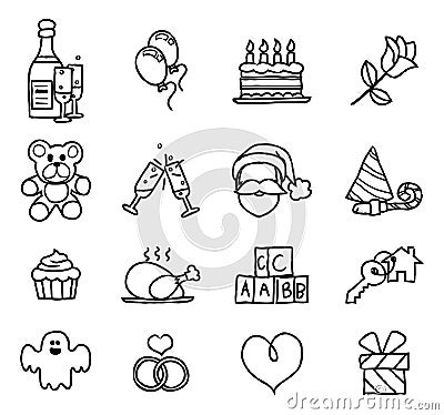 Celebration Holiday or Gift Hand Drawn Icon Set Vector Illustration