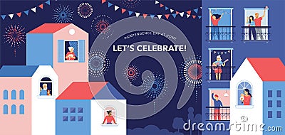 Celebration at home with neighbors. People standing on balconies, looking out of windows. Fireworks, independence day in Vector Illustration