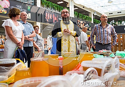 Celebration of Honey Savior with the blessing of honey, Central Voronezh Market, Voronezh Editorial Stock Photo