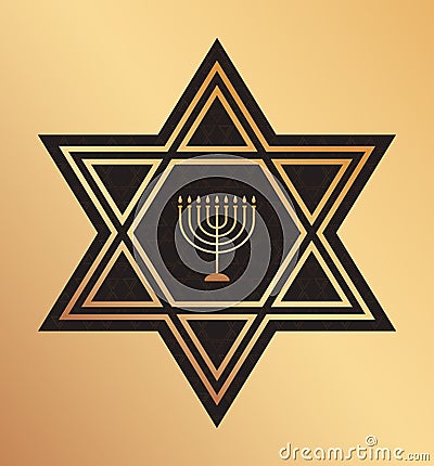 Celebration illustration with golden design made up of chandelier and star of David on the brown textured background Vector Illustration