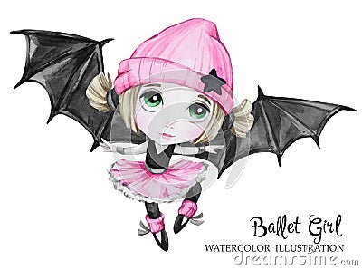 Celebration illustration. Watercolor ballet girl with bat wings. Small witch. Teenager. Halloween horror party. Have fun Cartoon Illustration