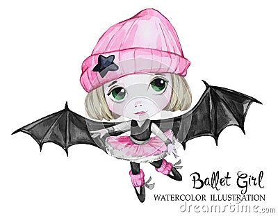 Celebration illustration. Watercolor ballet girl with bat wings. Small witch. Teenager. Halloween horror party. Have fun Cartoon Illustration