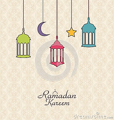 Celebration Islamic Card with Arabic Hanging Lamps for Ramadan K Vector Illustration