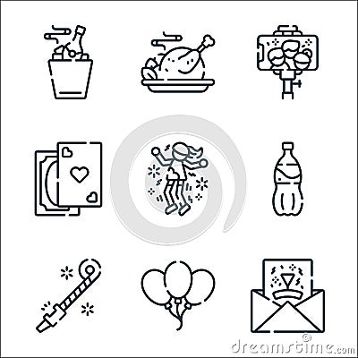 Celebration line icons. linear set. quality vector line set such as party, balloon, party blower, dancer, poker cards, selfie, Vector Illustration