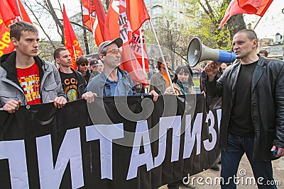 During celebration of May Day. Sergei Udaltsov - one of leaders of Protest movement in Russia. Editorial Stock Photo