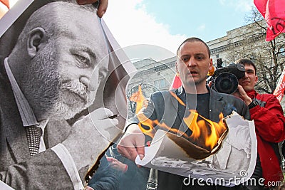 During celebration of May Day. Sergei Udaltsov - one of leaders of Protest movement in Russia. Editorial Stock Photo