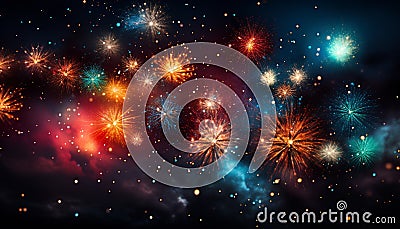 Celebration night exploding, abstract backdrop glowing firework display generated by AI Stock Photo