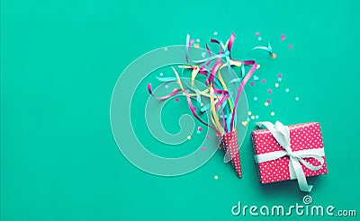 Celebration,party backgrounds concepts ideas with colorful confetti,streamers and gift box Stock Photo