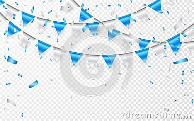 Celebration party banner. Blue and silver foil confetti and flag garland. Vector illustration Vector Illustration