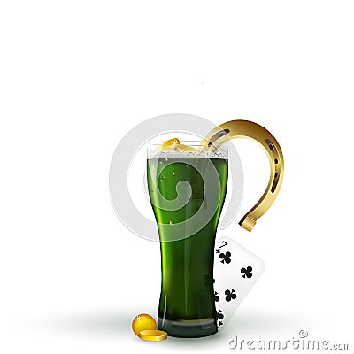 Celebration and st patricks day concept - glass of green beer with foam, horseshoe and gold coins and playing card 7 on table. Vector Illustration