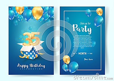 Celebration of 35 th years birthday vector invitation card. Thirtty five years anniversary celebration brochure Vector Illustration