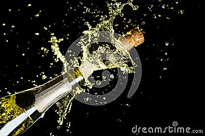 Celebration theme with explosion of splashing champagne sparkling wine on black background. Stock Photo