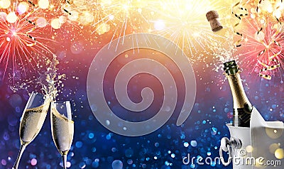 Celebration Toast With Fireworks and Champagne Stock Photo