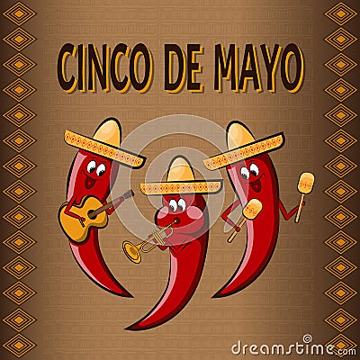 Celebratory background Cinco De Mayo, with three cartoon peppers Vector Illustration