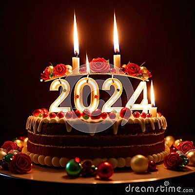 Celebratory cake with candles and wording 2024 Stock Photo