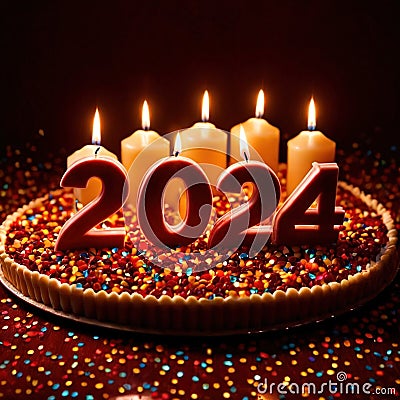 Celebratory cake with candles and wording 2024 Stock Photo