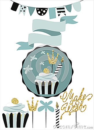 Celebratory cake with set of decoration, toppers, candles and ga Vector Illustration