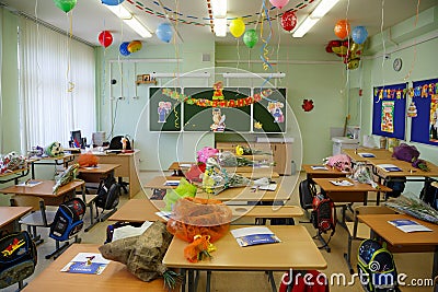 Celebratory decoration of the classroom, devoted to the beginning of the new school year in city Balashikha, Russia. Editorial Stock Photo