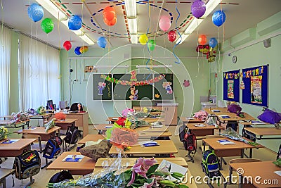 Celebratory decoration of the classroom, devoted to the beginning of the new school year in city Balashikha, Russia. Editorial Stock Photo