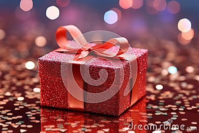 Celebratory elegance Red gift box nestled in shimmering holiday tinsel Stock Photo