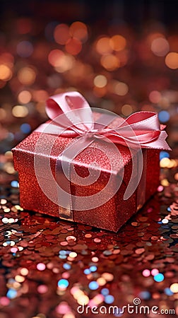 Celebratory elegance Red gift box nestled in shimmering holiday tinsel Stock Photo