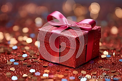 Celebratory elegance Red gift box nestled in shimmering holiday tinsel Stock Photo