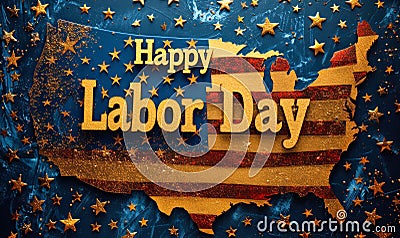 Celebratory Happy Labor Day message with sparkling golden fireworks and stars overlaying the United States flag, honoring Stock Photo