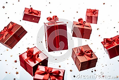 Celebratory motion: Flying red gift boxes with bows on white, capturing holiday essence. Stock Photo