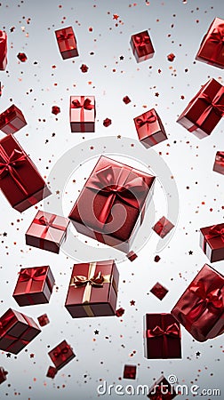 Celebratory motion: Flying red gift boxes with bows on white, capturing holiday essence. Stock Photo