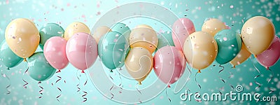 Celebratory pastel balloons on light mint backdrop Banner with text Stock Photo