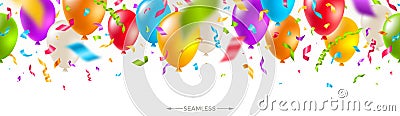 Celebratory seamless banner - multicolored balloons and confetti. Vector festive illustration. Vector Illustration