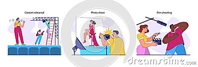 Celebrity routine set. Movie or music star, famous person work and life Vector Illustration