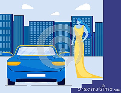 Celebrity Superstar or Actress Steps to Limousine. Vector Illustration