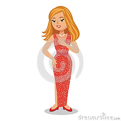 Celebrity woman on elegant red dress. Cute cartoon famous actress on red dress. Vector illustration Isolated On White Background. Vector Illustration