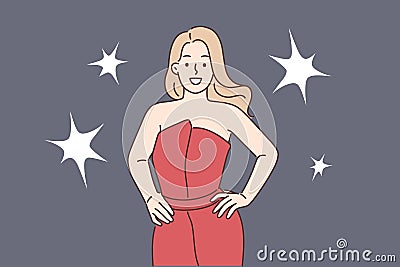 Celebrity woman poses for reporters standing in evening dress during film festival or award ceremony Vector Illustration