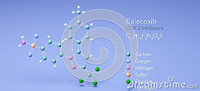 celecoxib molecule, molecular structures, celebrex, 3d model, Structural Chemical Formula and Atoms with Color Coding Stock Photo