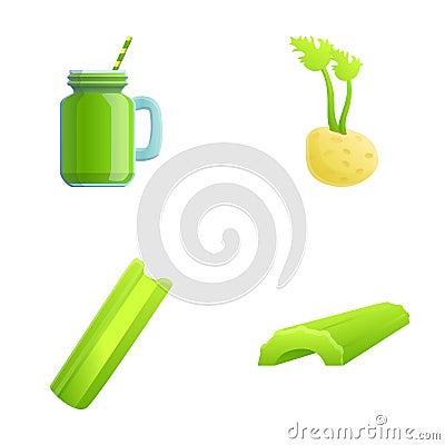 Celery drink icons set cartoon vector. Sliced stem round root and green smoothie Vector Illustration