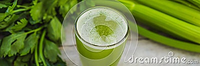Celery Juice, Healthy Drink, bunch of celery on a wooden background BANNER, LONG FORMAT Stock Photo