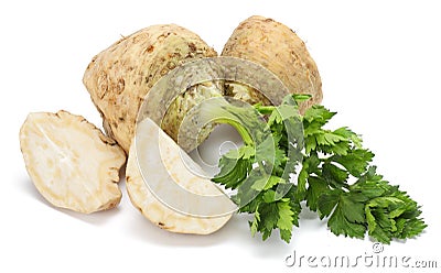 celery root with leaf isolated on white background. Celery isolated on white. Healthy food Stock Photo