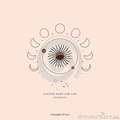 Celestial alchemy esoteric mystical magic talisman with sun, moon phases Vector Illustration