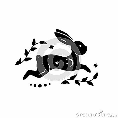 Celestial animal silhouette of running rabbit. Magic bunny with natural elements. Black magical bunny rabbit Vector Illustration