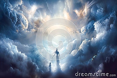 Celestial beings among the clouds. AI generated. Stock Photo