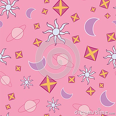 Celestial bodies seamless pattern. Hand drawn astronomical objects on pink background. Vector Illustration