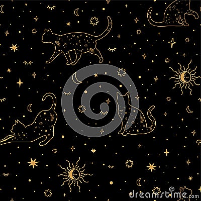 Celestial cat seamless pattern. Starry cat repeat background. Vector mystery fabric, wallpaper with stars, sun, moon. Cartoon Illustration