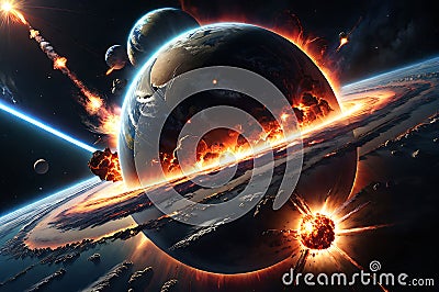 Celestial Catastrophe: Planet Earth Captured in the Exact Moment of a Catastrophic Explosion Stock Photo